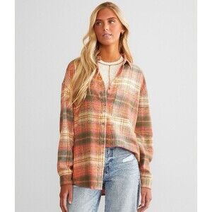 American Eagle Green Orange Plaid Fleece Flannel Oversized Button-down Shirt XS
